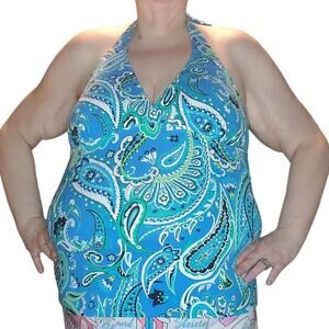 Lands End Tankini Top 16T Tall Blue Paisley Halter Swim Support Boho Coastal